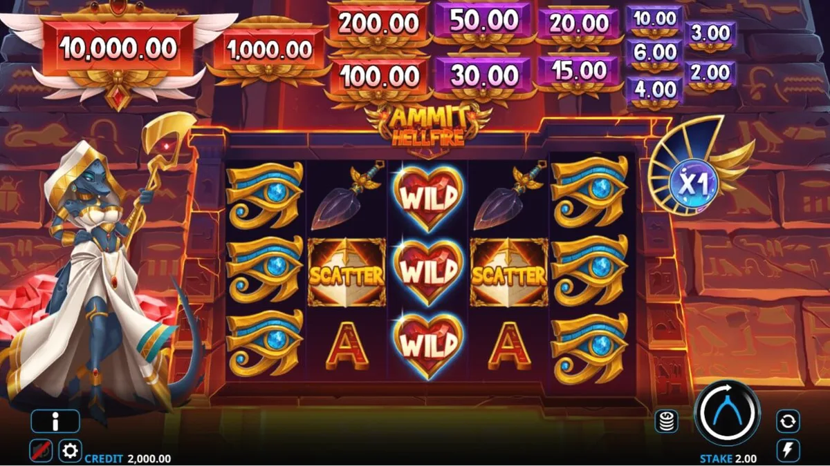 Tampilan visual slot Ammit Hellfire dengan tema dewi Mesir dan elemen emas