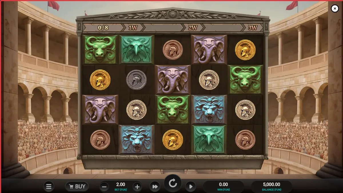 Tampilan visual slot Arena of Fortune dengan latar belakang Colosseum yang megah