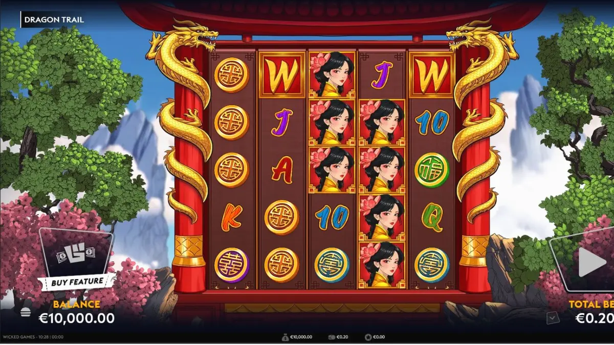 Tampilan visual slot Dragon Trail dengan naga emas dan latar belakang pagoda.