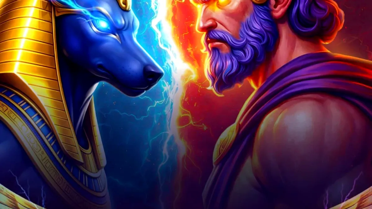 Visual pertempuran epik antara Anubis dan Hades dalam slot Clash of Gods